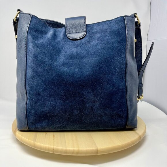 Talbots Shoulder Bag Navy Leather and Suede With Gold Detail & Leather Tassel - Picture 3 of 9